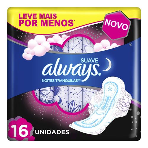 Absorvente com Abas Suave Always Noturno G Pacote 16 Unidades Grátis 2 Absorventes