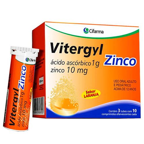 Vitergyl Zinco 1g + 10mg Sabor Laranja 3Tub 10 Comprimidos Eferv
