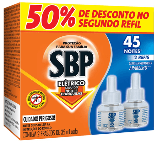 Repelente Líquido Elétrico Cheiro Suave SBP Caixa 2 Unidades 32,9ml Cada Grátis 50% de Desconto na 2ª Unidade Refil