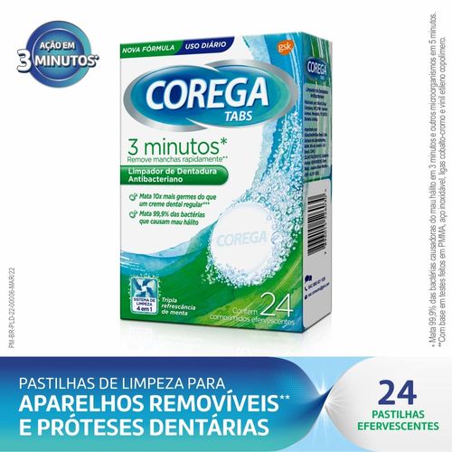 Corega Tabs 3 Min. Limpeza p/ Próteses e Aparelhos Removíveis 24 unidades