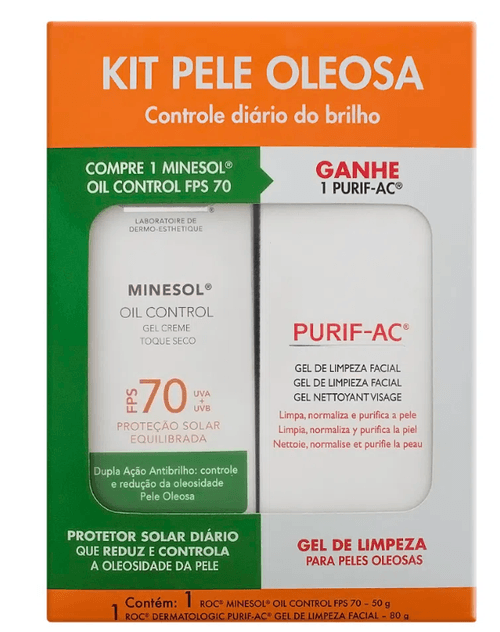 Kit Roc Minesol Protetor Solar Facial Toque Seco FPS 70 50g + Gel de Limpeza PURIF-AC 80ml