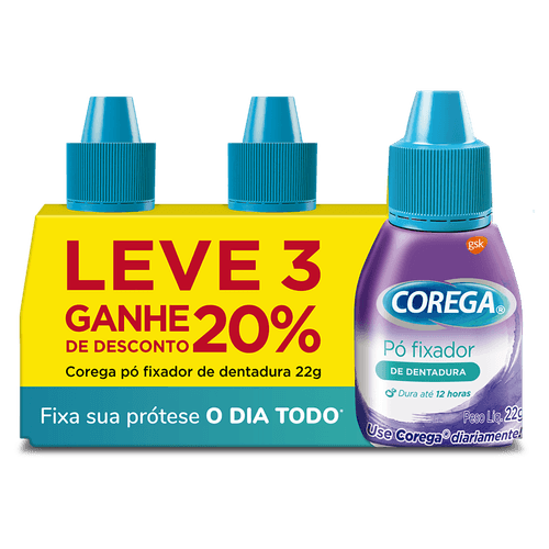 Pack Fixador de Dentadura Pó Corega Frasco  3 Unidades 22g Cada Grátis 20% de Desconto