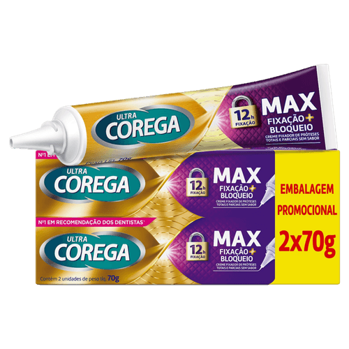 Pack Fixador de Dentadura Creme sem Sabor Ultra Corega Max Caixa 2 Unidades 70g Cada