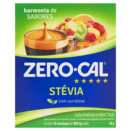 Adoçante em Pó Stevia com Sucralose Zero Cal Caixa 40g 50 Unidades