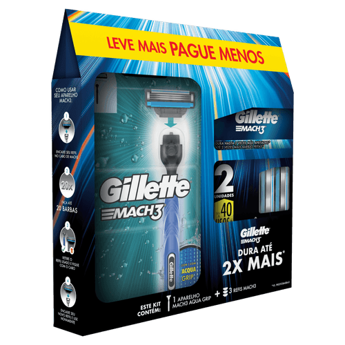 Kit 1 Aparelho Recarregável + 3 Cargas para Barbear Gillette Mach3