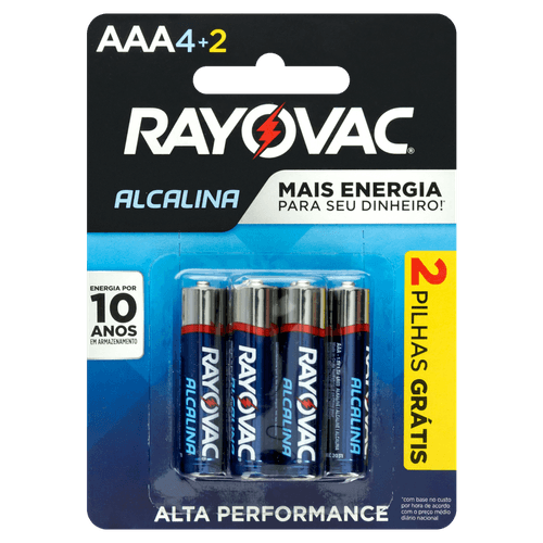 Pilha Alcalina AAA Rayovac 6 Unidades 1,5V Grátis 2 Pilhas