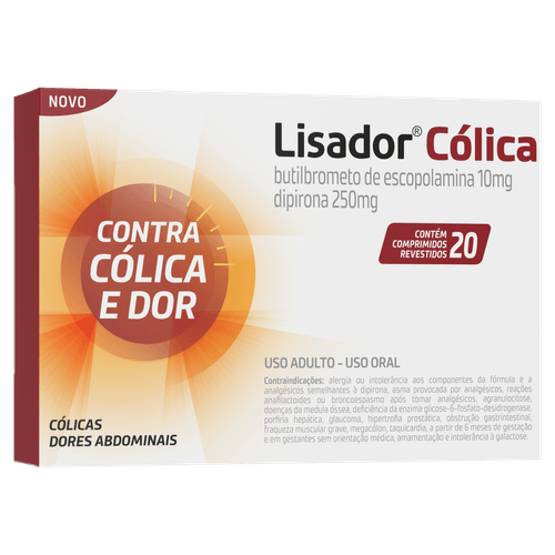 Lisador Cólica Butilbrometo de Escopolamina 10mg + Dipirona 250mg Mantecorp Farmasa 20 Comprimidos