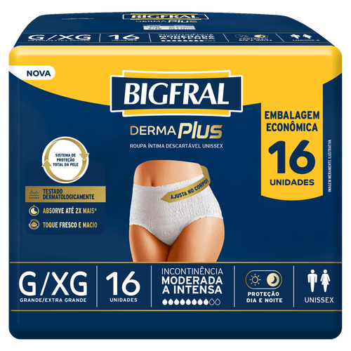 Roupa Íntima Descartável para Incontinência Unissex Bigfral Derma Plus G/XG - 16 Unidades