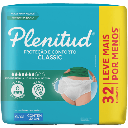 Roupa Íntima Descartável Unissex Plenitud Classic G/XG Pacote 32 Unidades