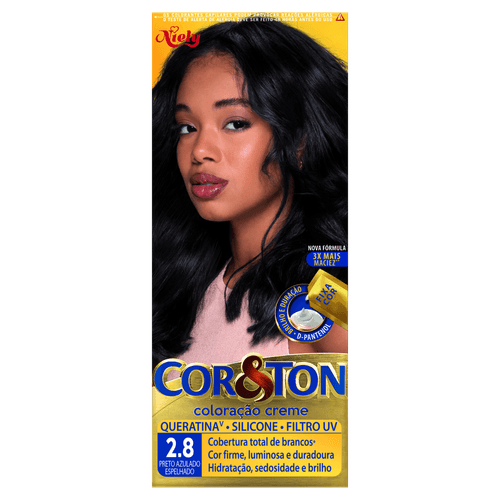 Kit Coloração Creme 2.8 Preto Azulado Espelhado Queratina Filtro UV Niely Cor&Ton