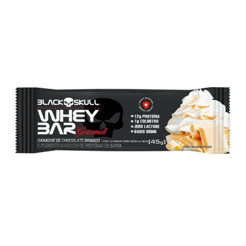 Barra Proteica Ganache Chocolate Branco Zero Lactose Black Skull Whey Bar Gourmet - 45g