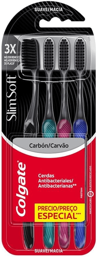 Escova Dental Macia Carvão Colgate Slim Soft Cabeça Compacta 4 Unidades