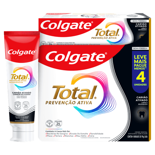 Kit Creme Dental Carvão Ativado Colgate Total Prevenção Ativa 90g - 4 Unidades