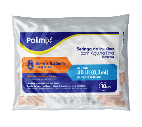 Seringa para Insulina Polimix 30UI com Agulha 8mm - 10 Unidades