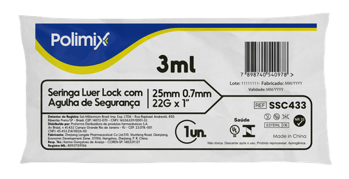 Seringa Polimix Luer Lock com Agulha de Segurança 3ml - 1 Unidade