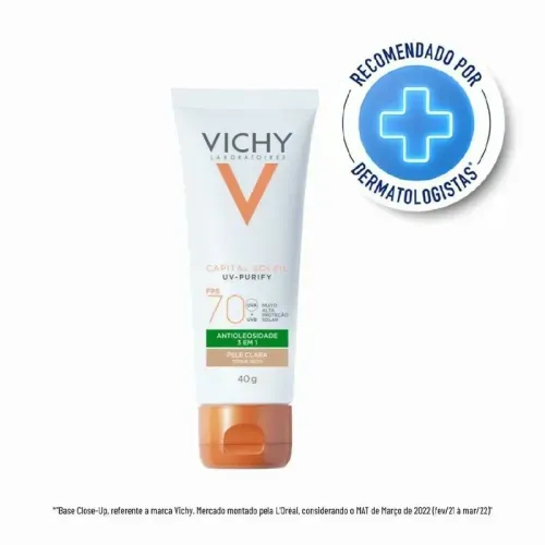 Protetor Solar Facial Vichy FPS 70 Antioleosidade 3 em 1 Pele Clara - 40g