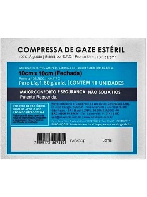 Compressa Gaze Neve Estéril 13 fios 10x10cm - 10 compressas