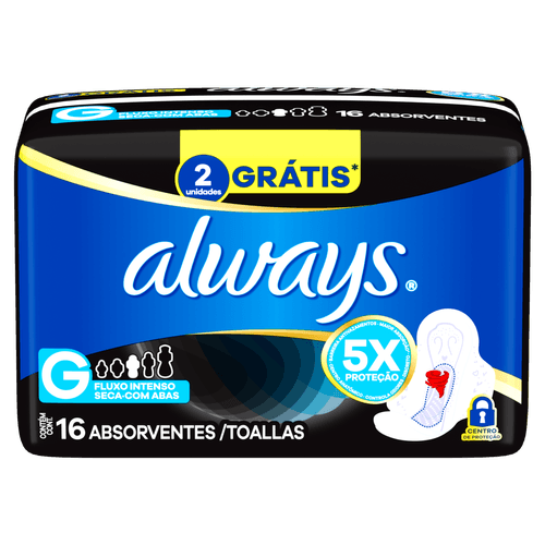 Absorvente com Abas Seca Always Noturno G Pacote 16 Unidades Grátis 2 Absorventes