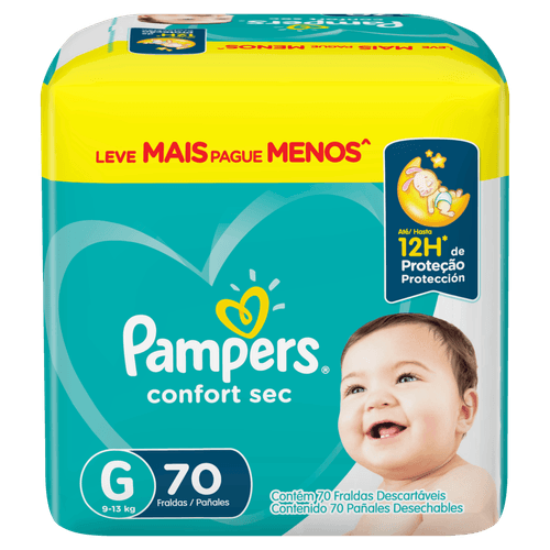 Pampers Fralda Descartável 12h, 3 Canais de Gel, Antivazamento - Confort Sec G - 70 un