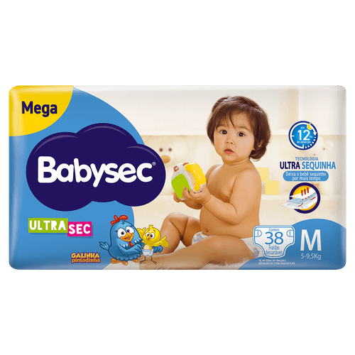 Babysec Fralda Descartável M Ultra Mega 38 unidades – Proteção 12h, Fechos Reajustáveis