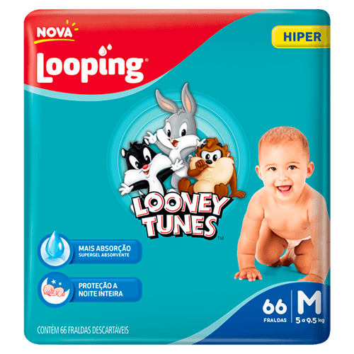 Looney Tunes Fralda Looping Hiper M 66un Alta Absorção 10h