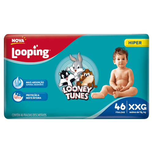 Looney Tunes Fralda Descartável Super Absorção Antivazamento Looping Hiper XXG 46un