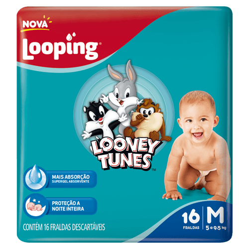 Looney Tunes Fralda Descartável M Cintura Elástica Toque Macio Proteção Noturna Jumbo 14unid