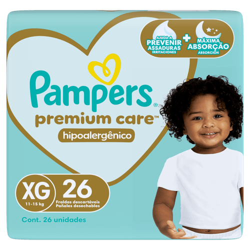 Pampers Fralda Premium Care XG 11-15kg 26un Hipoalergênica Respirável Anti-vazamento 12h