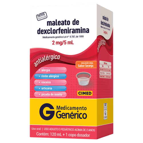 Maleato de Dexclorfeniramina 2mg - Xarope Antialérgico - Genérico Cimed - 120ml