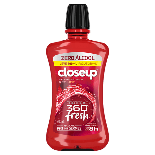 Enxaguante Bucal Zero Álcool Red Hot Closeup Proteção 360° Fresh Frasco Leve 500ml Pague 350ml