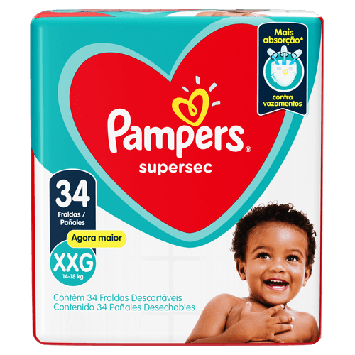 Pampers Fralda Descartável Supersec XXG 34 Unidades – 3 Canais, Hipoalergênica