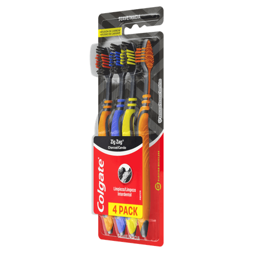 Escova Dental Macia Infusão de Carvão Colgate Zig Zag Cabeça Normal 4 Unidades