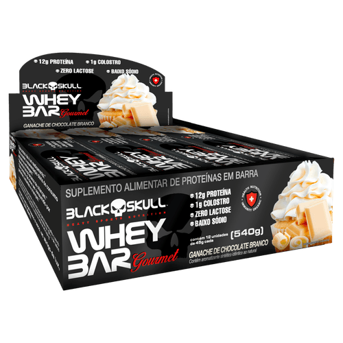 Barra Proteica Ganache Chocolate Branco Zero Lactose Black Skull Whey Bar Gourmet - 45g