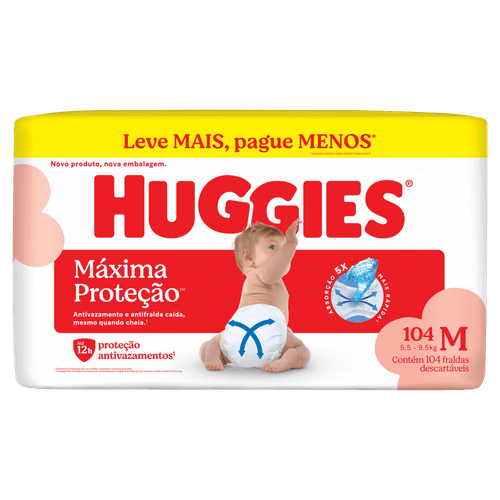 Huggies Fralda Descartável Antivazamento Xtra-Flex 12h Máxima Proteção M 104 Unidades