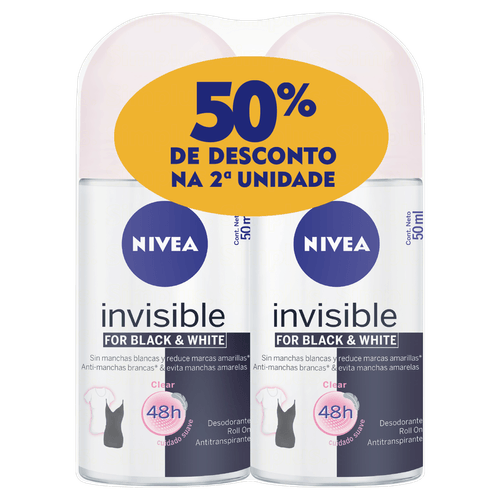 Kit Desodorante Nivea Rollon Black e White Clear 50% Desconto 2ª Unidade