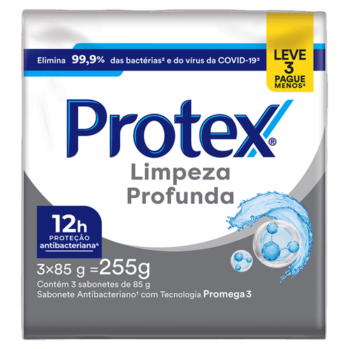 Kit Sabonete Barra Antibacteriano Protex Limpeza Profunda 83g - 3 Unidades