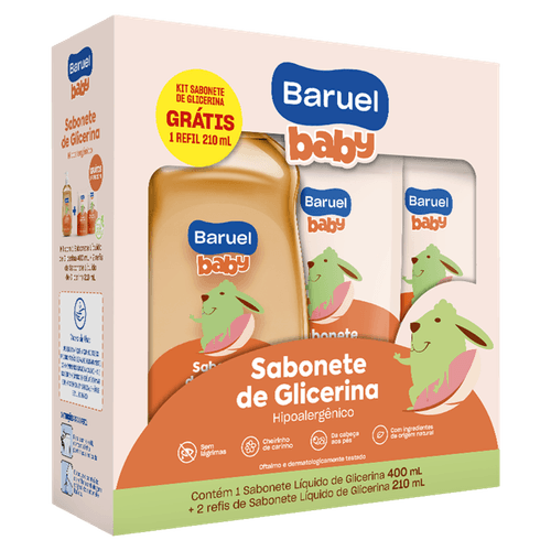 Kit Sabonete Líquido Glicerina Baruel Baby 400ml + 2 Refis de 210ml cada